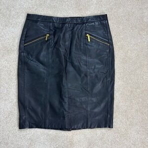 Michael Kors Black Leather Pencil Skirt Gold Zipper Detail Size 2